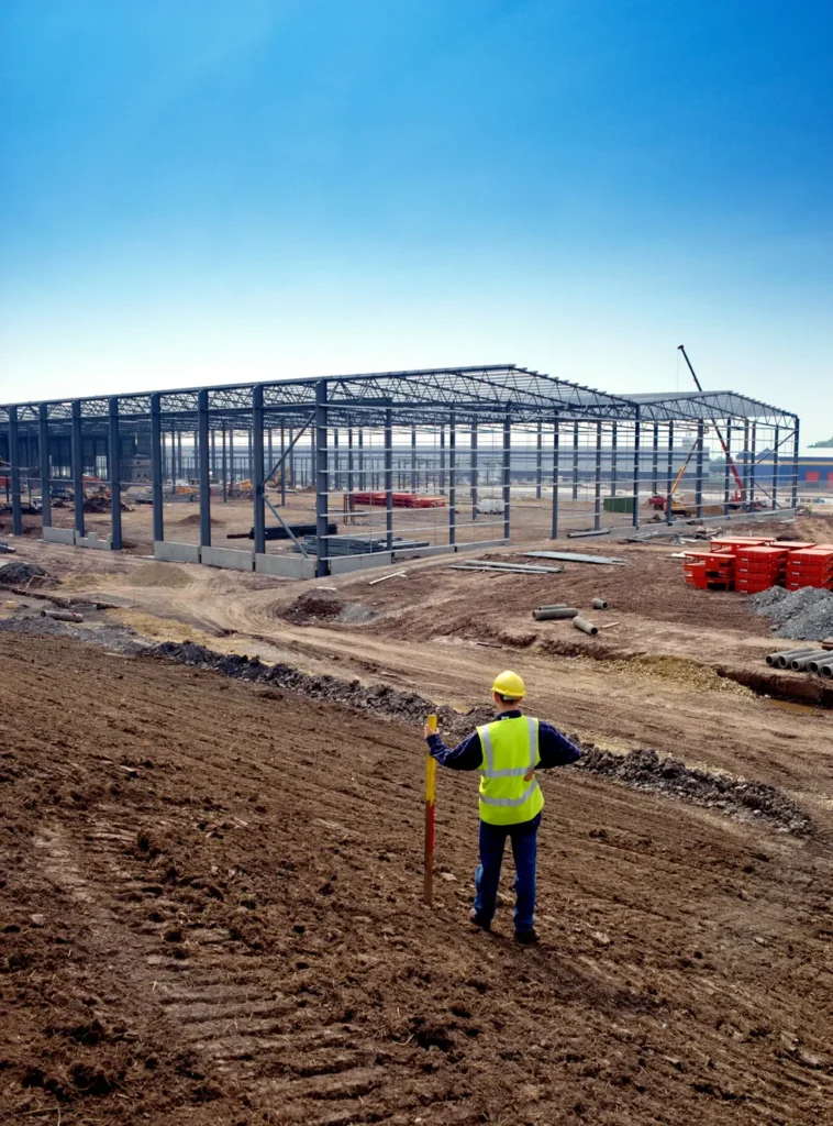 Un ingeniero evalúa cuánto cuesta construir una nave industrial al observar el avance de una estructura metálica.