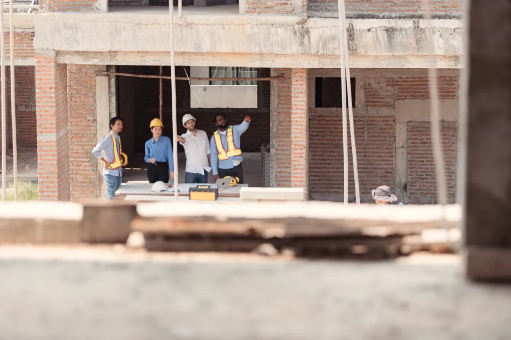 Ingenieros y arquitectos revisando planos en una obra para saber cuánto cuesta construir una casa.